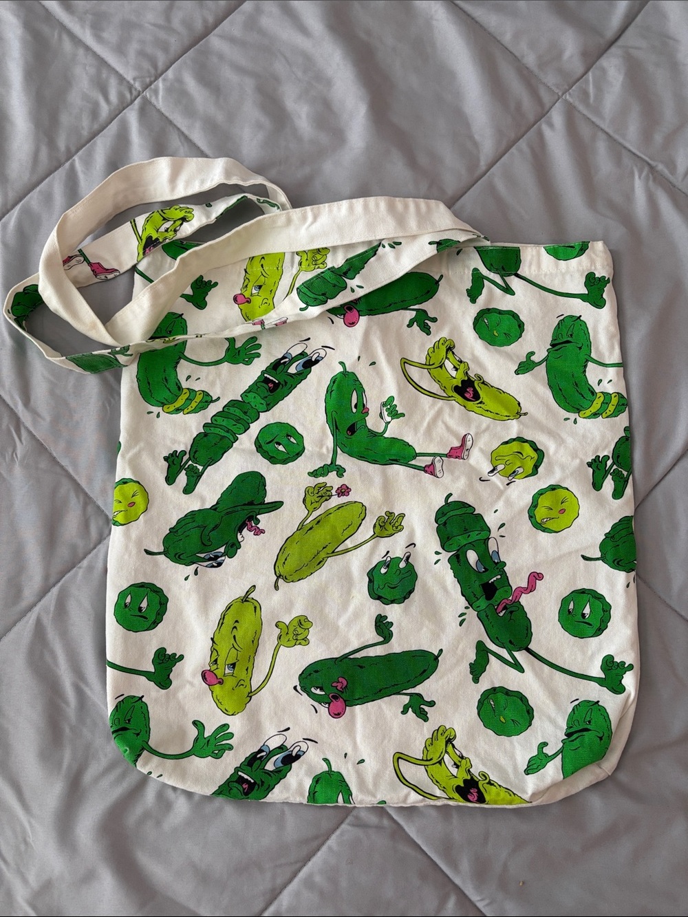 Canvas Tote Bag with Green Pickle Character Print - White